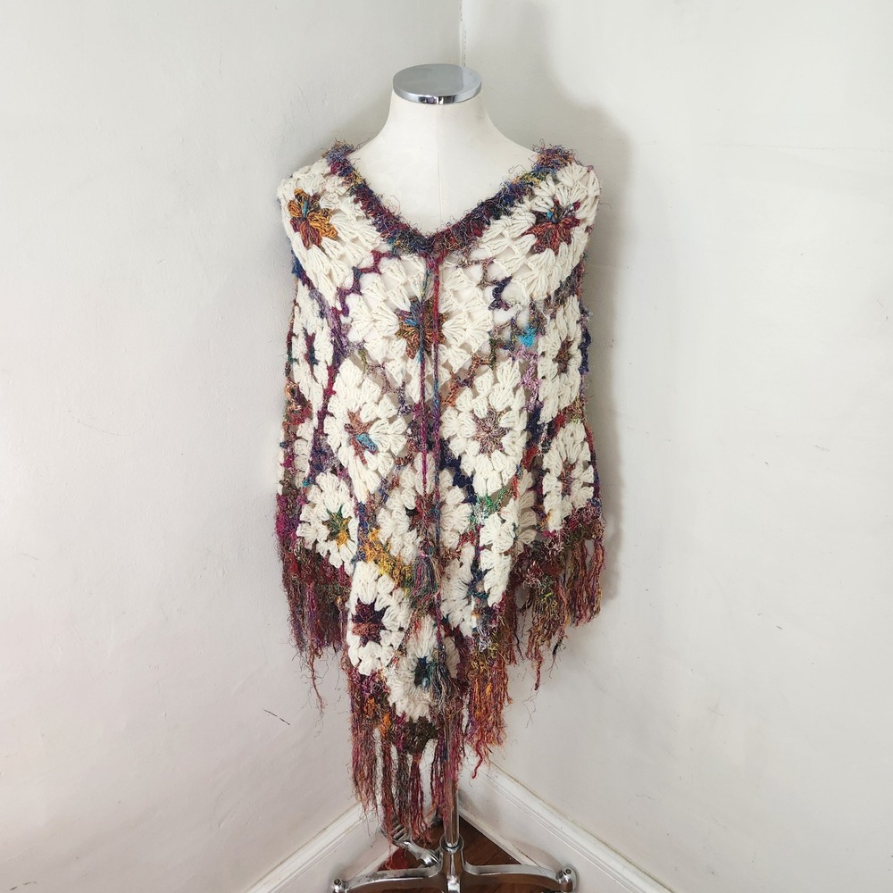 Lakhays Collection Wool Silk Crochet Granny Square Poncho Fringe Cream Multi